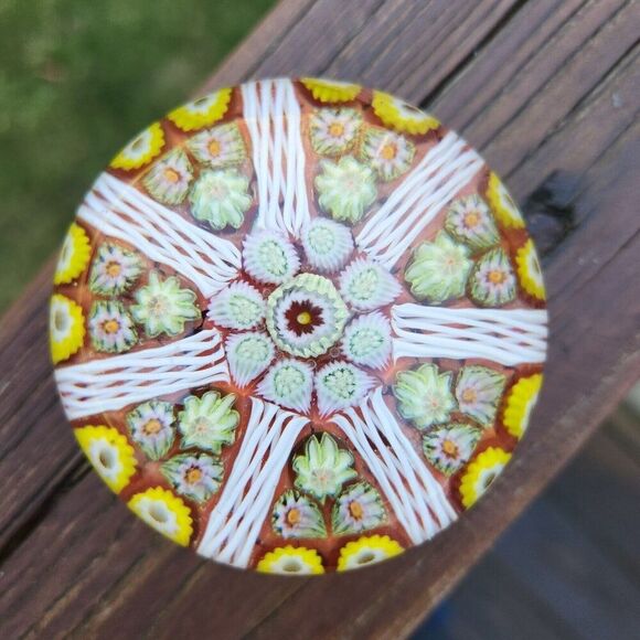 STRATHEARN Art Glass Scotland Millefiori Spoke Latticino Paperweight Red Yellow - Picture 4 of 7